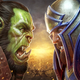 An armored orc (left) and human (right) growl at each other as their fellow soldiers do battle in the distance.